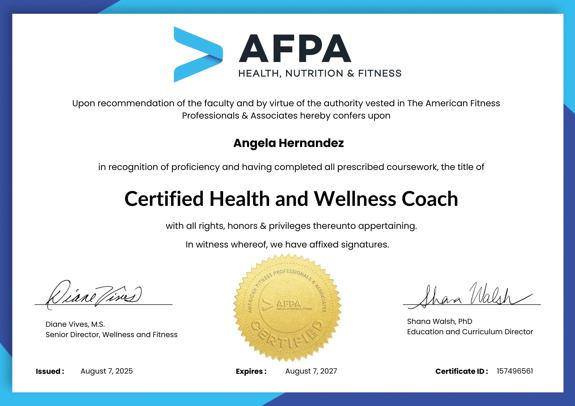 Angela Hernandez AFPA Certified Health and Wellness Coach