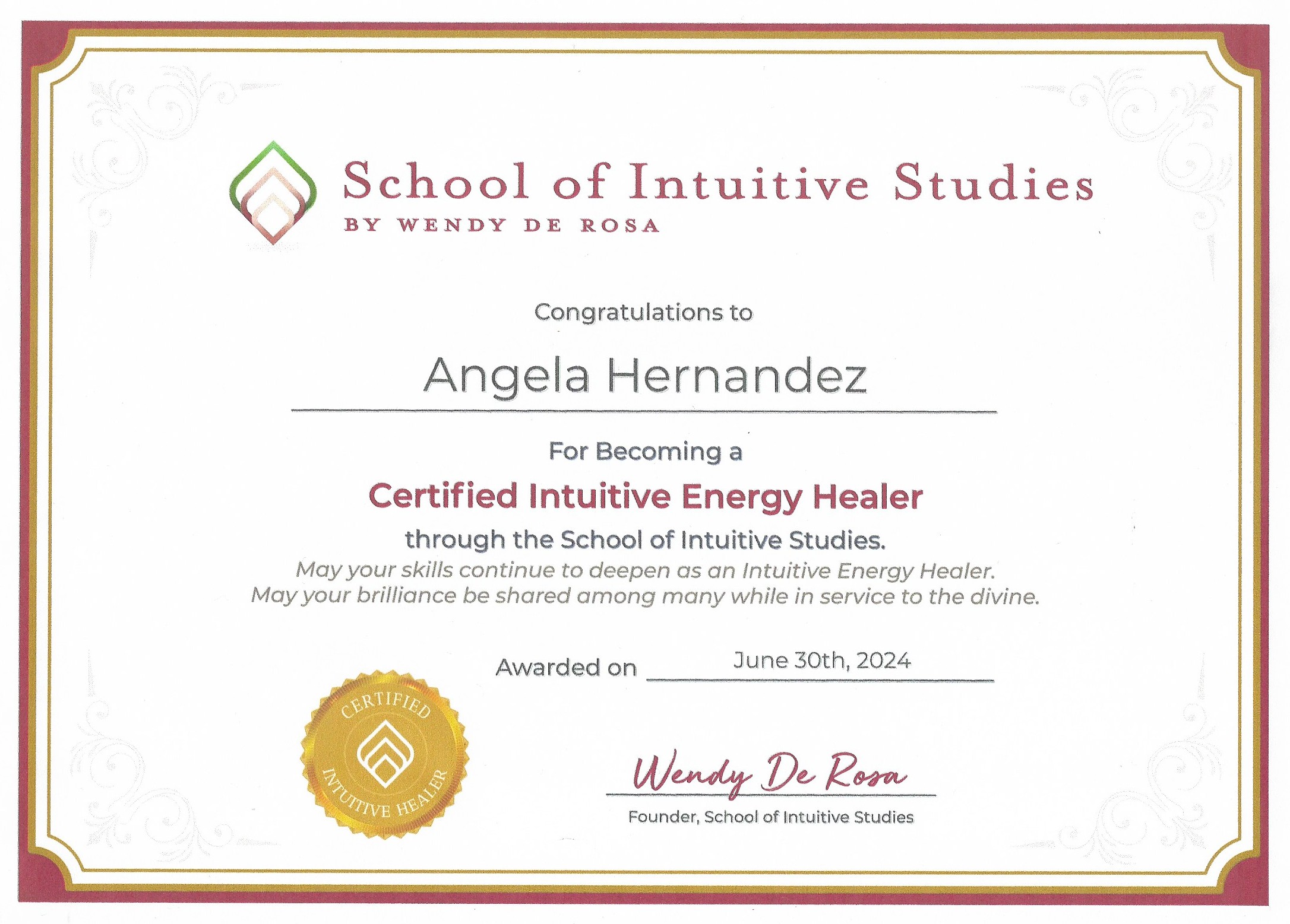 Angela Hernandez Certified Intuitive Energy Healer by The School of Intuitive Studies