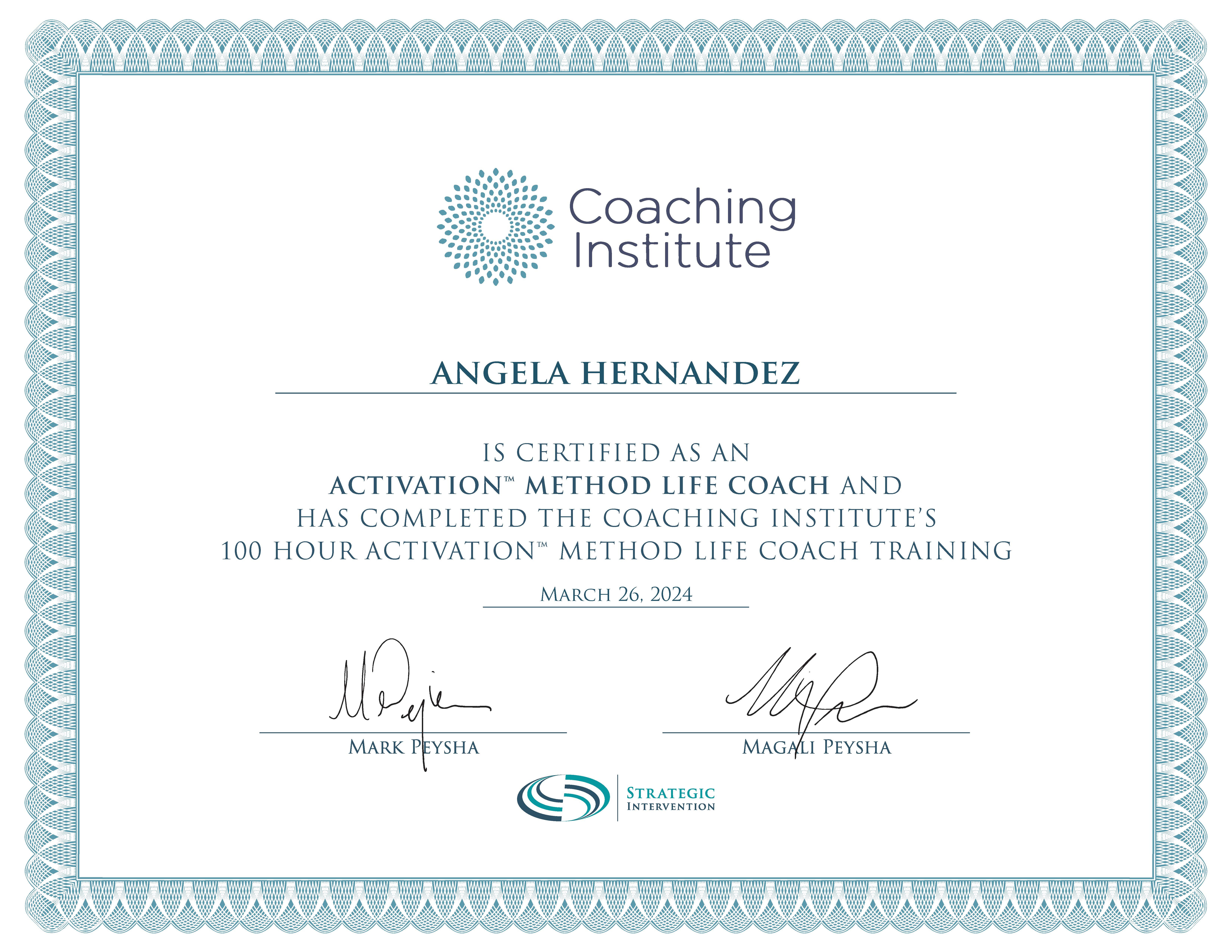 Angela Hernandez Life Coach Certification from the Coaching Institute
